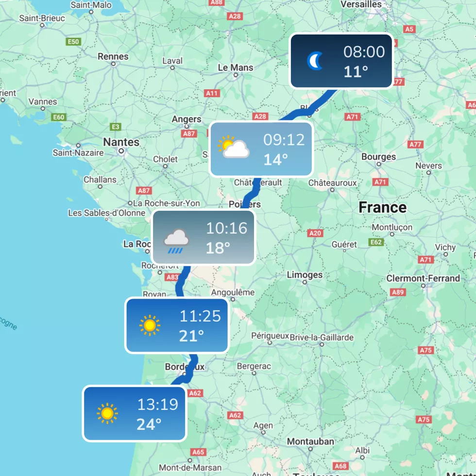 Image d'une carte avec un itinéraire et des bulles indiquants la météo